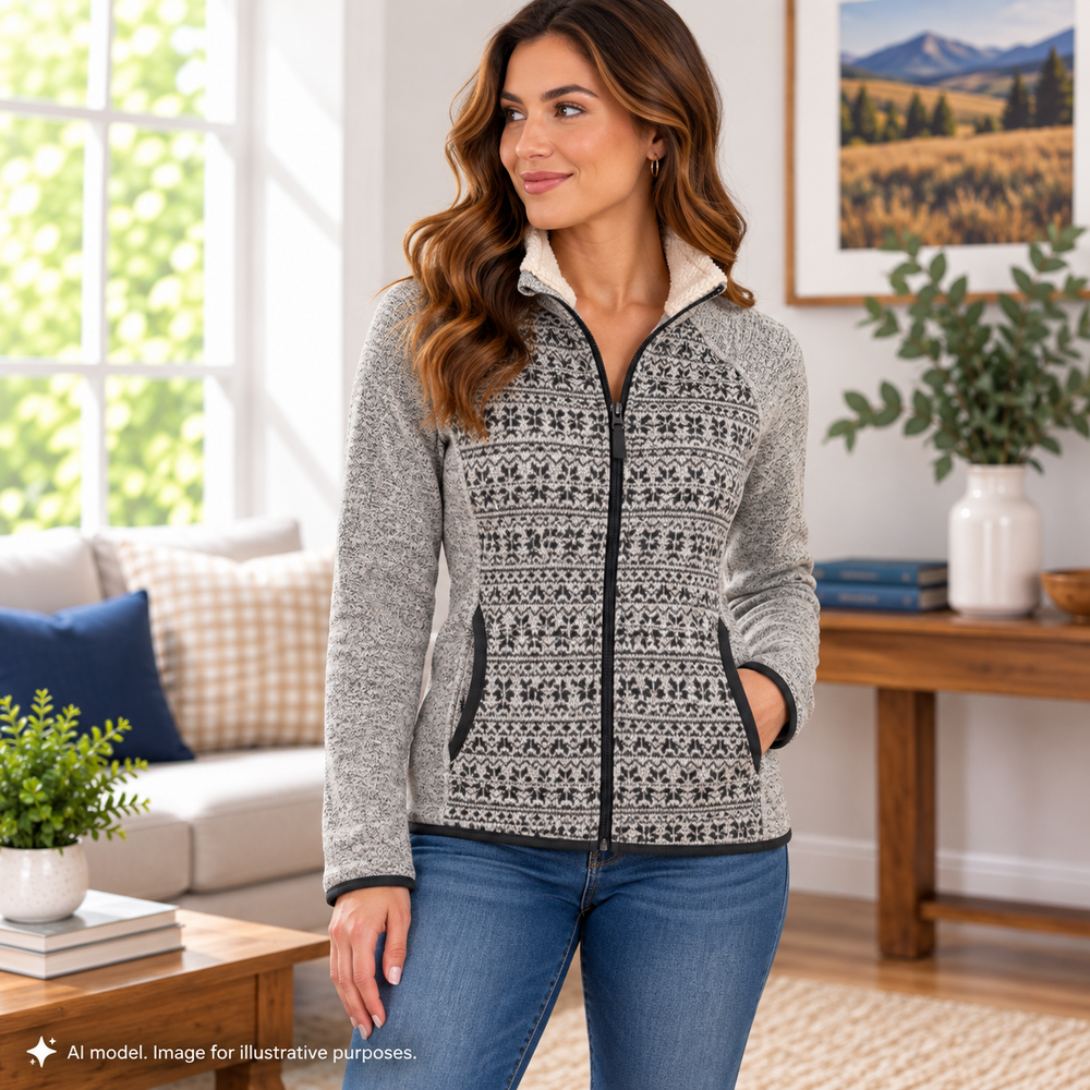 Eddie Bauer Jacket Womens XS Gray Geo Fair Isle Full Zip Sherpa Collar Pockets